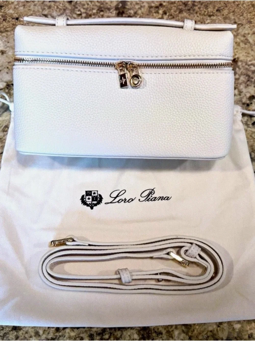 Loro Piana White Pebbled Leather Top-Handle Clutch with Gold Hardware